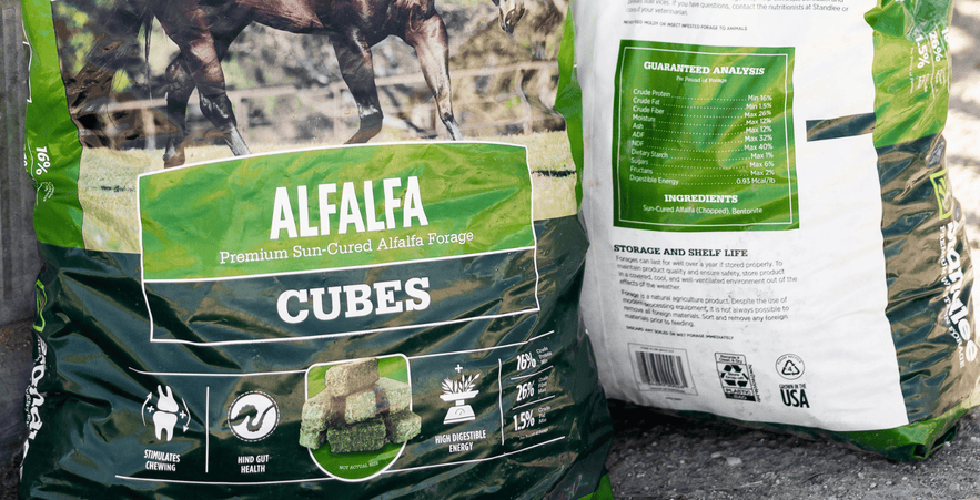 Front and back of Standlee Alfalfa Cubes packaging displaying product information and guaranteed analysis.