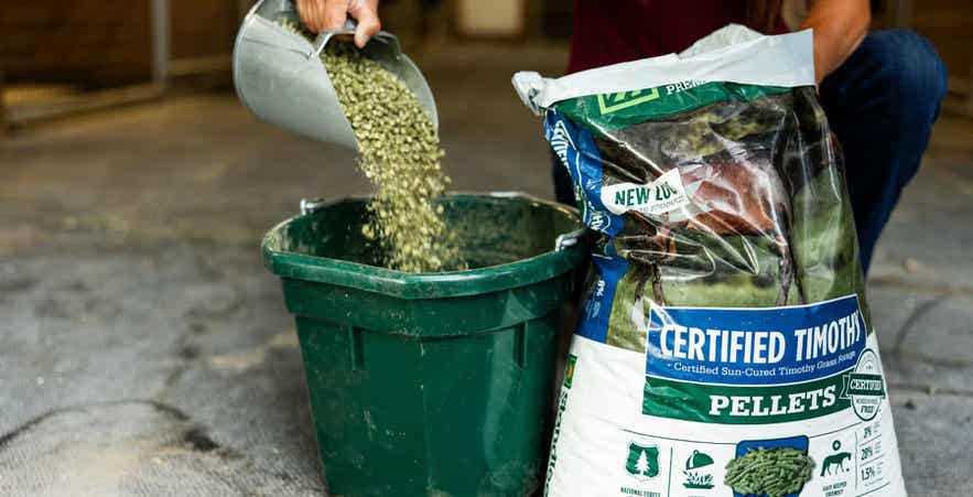 Pouring Standlee pellets in bucket.