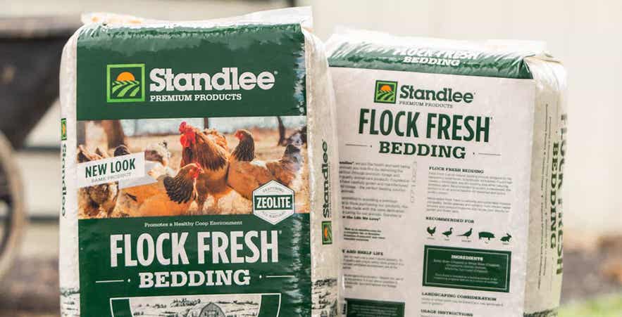 Front and back of Standlee Flock Fresh bags with zeolite.
