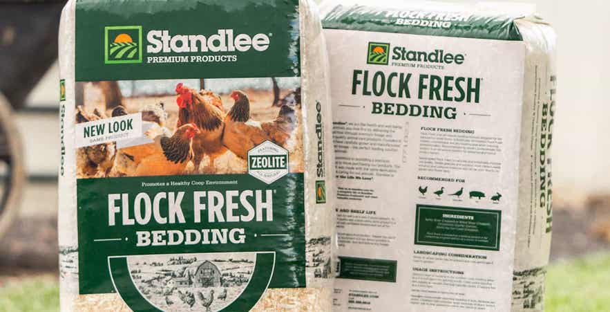 Standlee Flock Fresh Bedding with zeolite for chicken coop moisture and odor control.