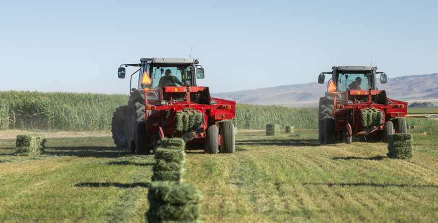 Two tractors baling hay in a field with freshly made hay bales and farmland in the background.