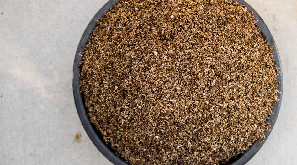 Close-up of beet pulp shreds in a bowl.