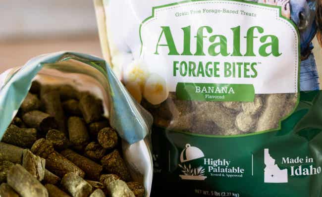 Two bags of Banana Alfalfa Forage Bites