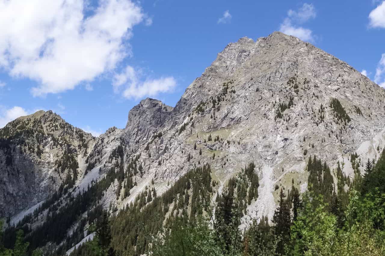 Granite mountain peaks rising out of the forest