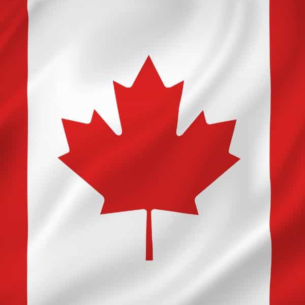 Red maple leaf on Canadian flag close-up