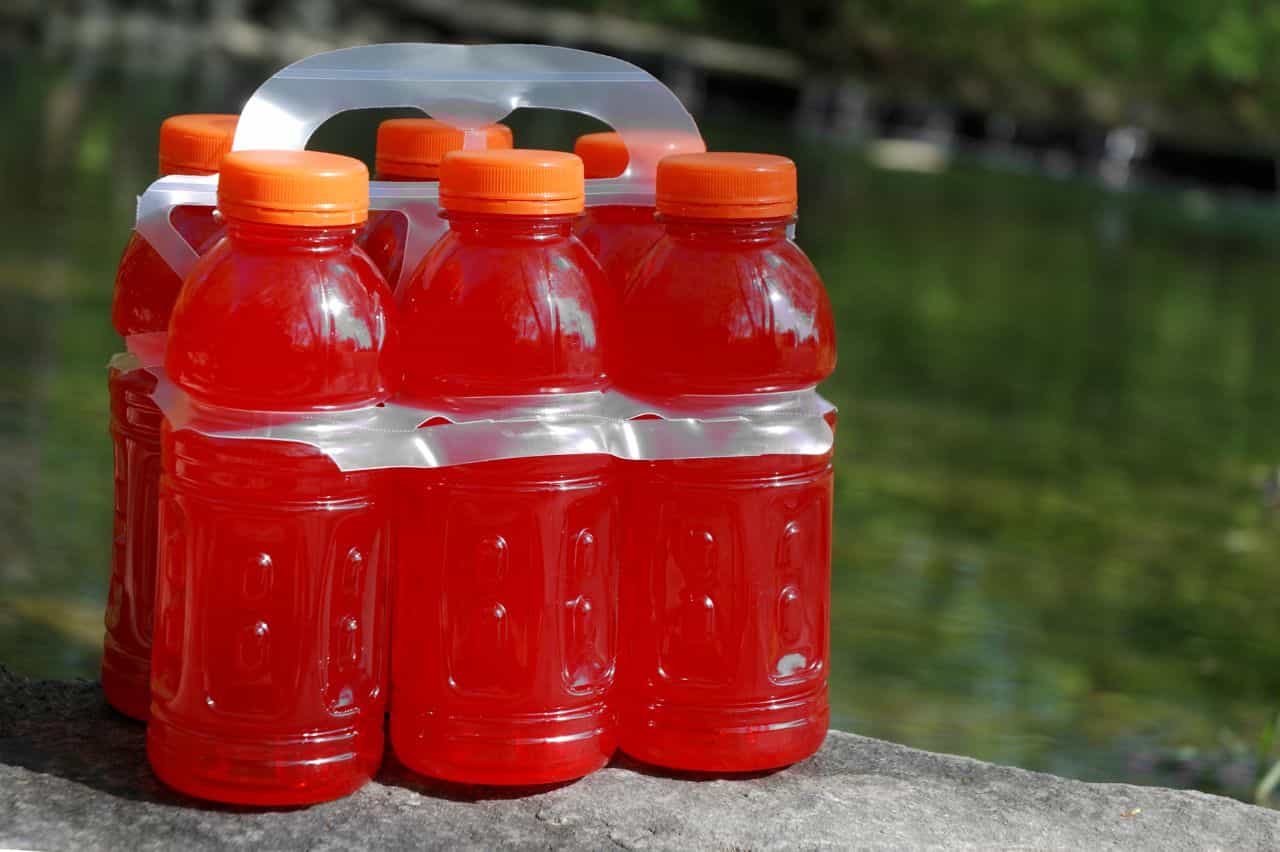 Pack of six red sports beverages