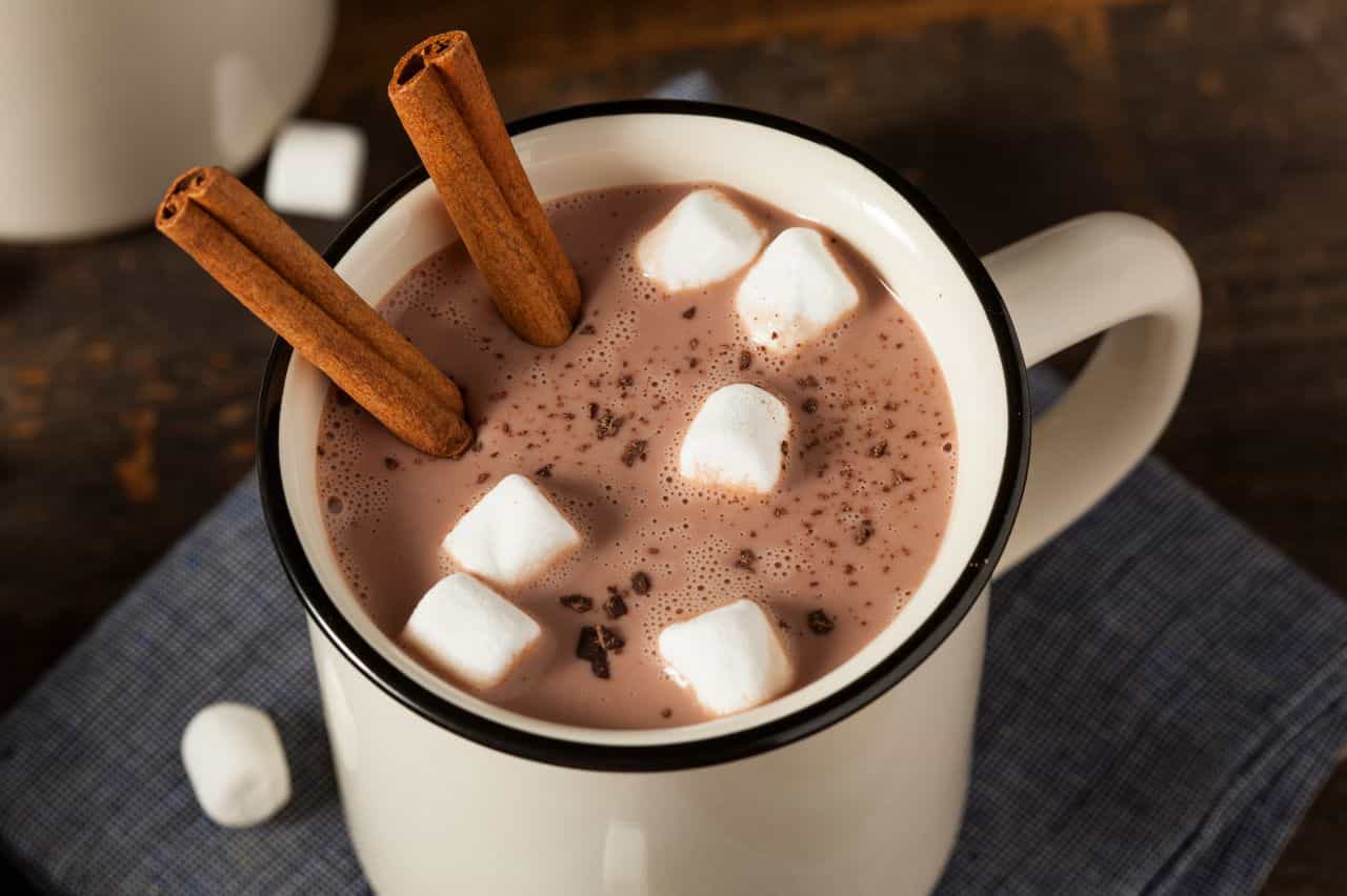 Mug of hot chocolate with marshmallows and cinnamon sticks