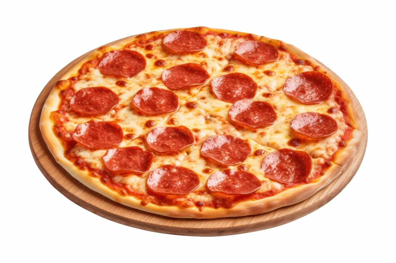 Pepperoni pizza on serving tray