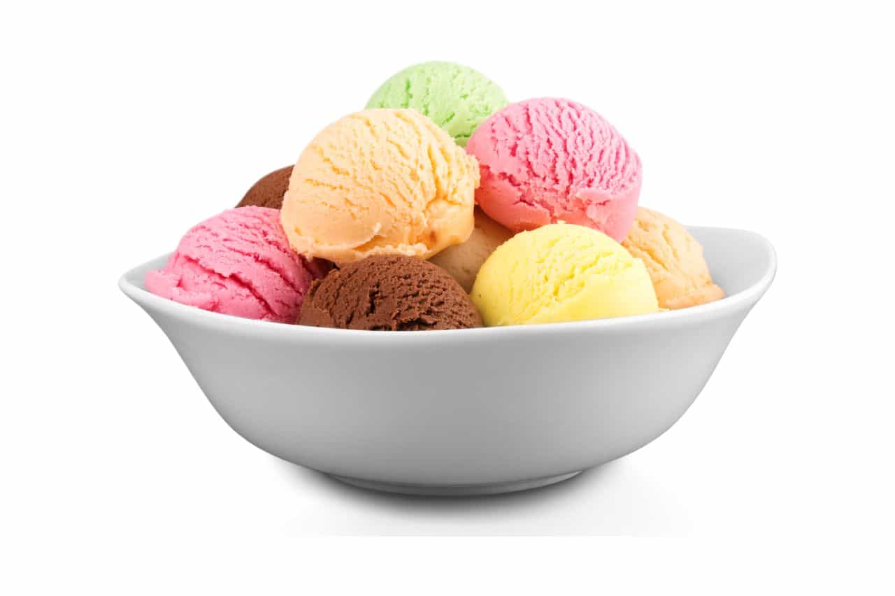 Several scoops of different-colored ice creams in a bowl
