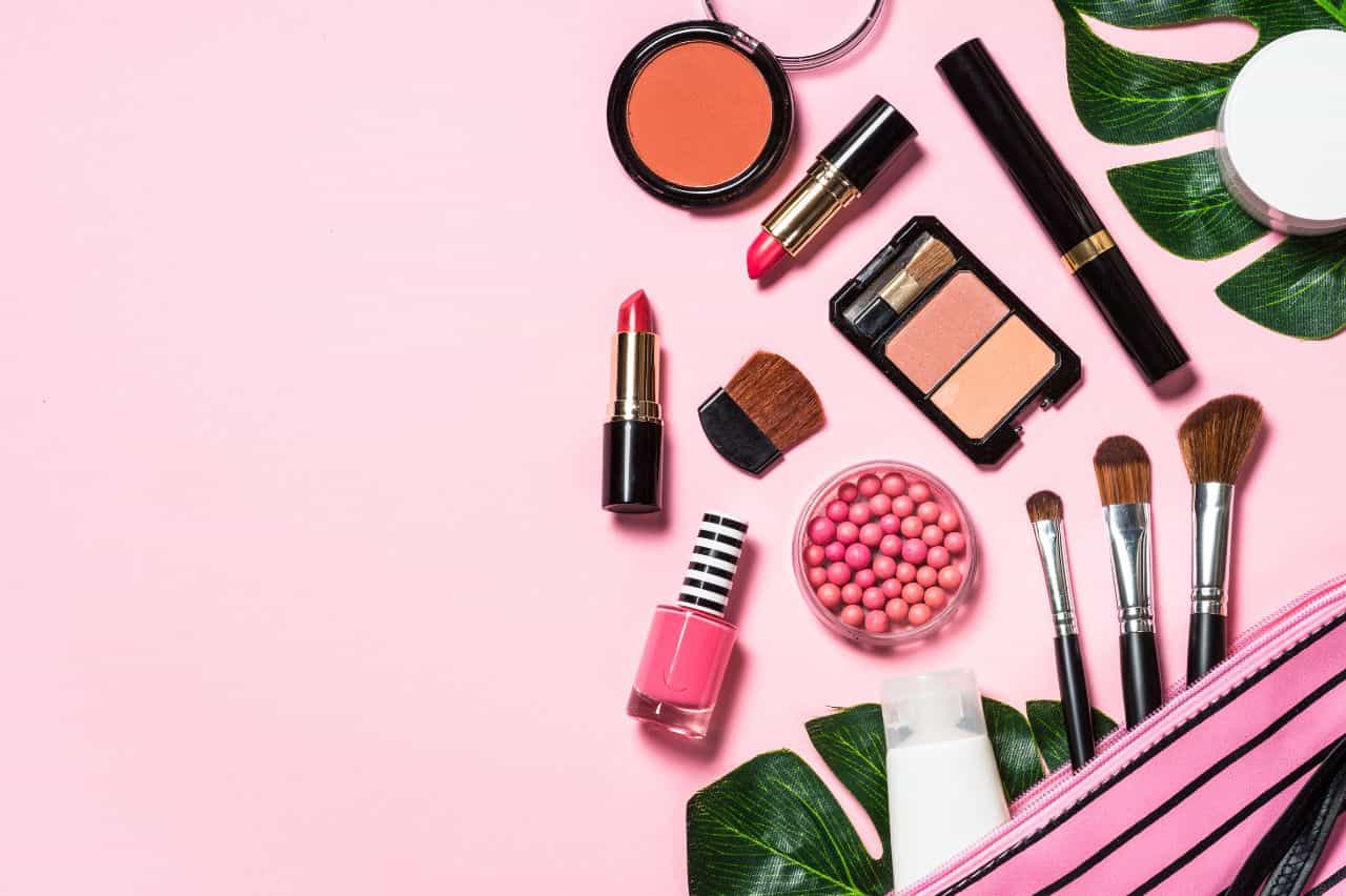 Beauty products on pink background