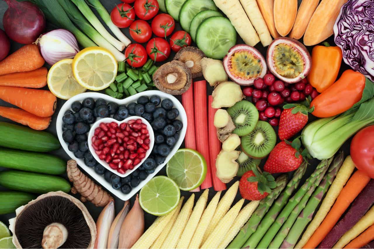 Fruits and vegetables arranged in a heart